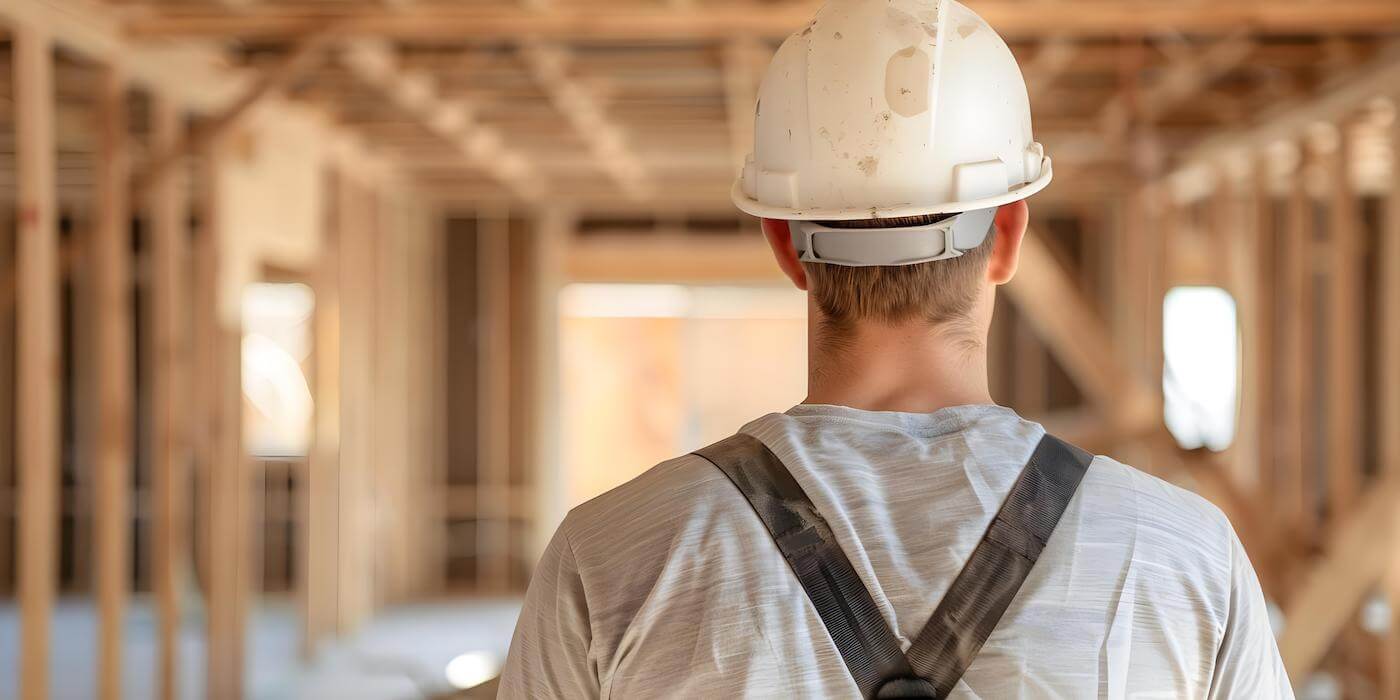 man looking into a construction working site